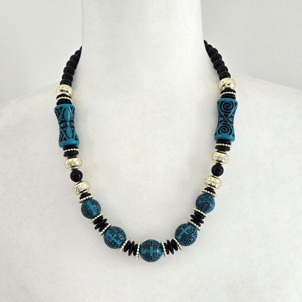 Vintage Necklace Black Gold Turquoise Carved Beads Chunky Maximalist Tribal Boho